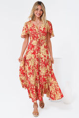 Ziggy Maxi Dress - Cap Sleeve Tiered Dress with Pull Tie Waist in Chianti Print Red
