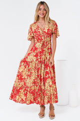 Ziggy Maxi Dress - Cap Sleeve Tiered Dress with Pull Tie Waist in Chianti Print Red