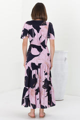 Ziggy Maxi Dress - Cap Sleeve Tiered Dress with Pull Tie Waist in Jaffa Print