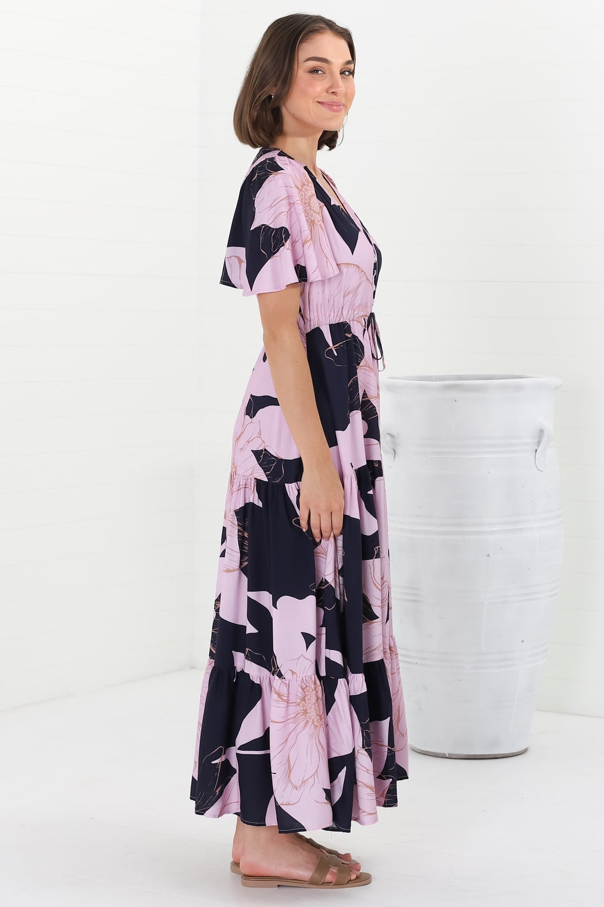 Ziggy Maxi Dress - Cap Sleeve Tiered Dress with Pull Tie Waist in Jaffa Print