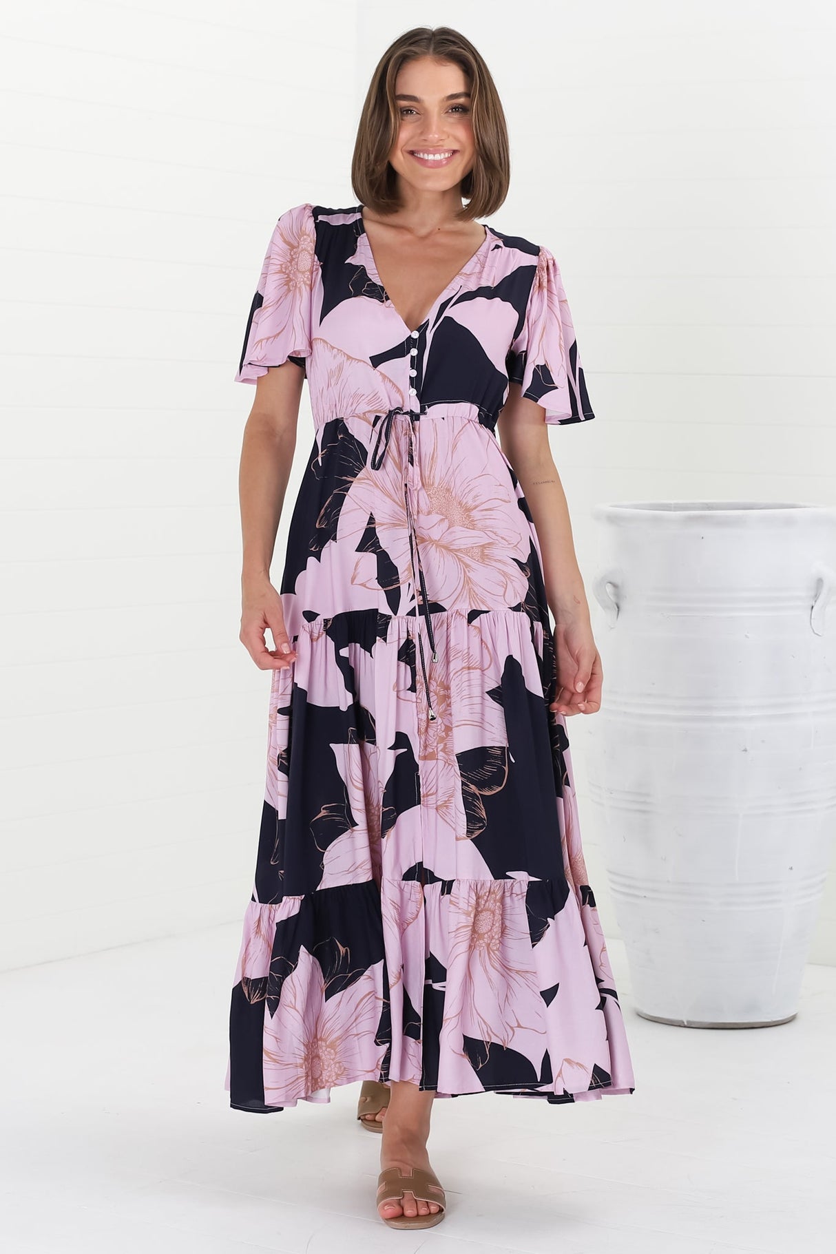 Ziggy Maxi Dress - Cap Sleeve Tiered Dress with Pull Tie Waist in Jaffa Print