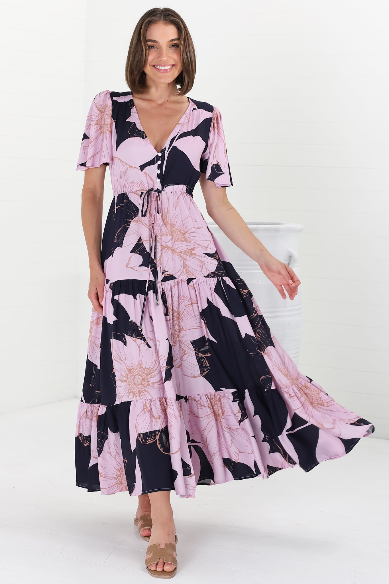 Ziggy Maxi Dress Cap Sleeve Tiered Dress Pull Tie Waist Jaffa Print