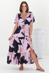 Ziggy Maxi Dress - Cap Sleeve Tiered Dress with Pull Tie Waist in Jaffa Print