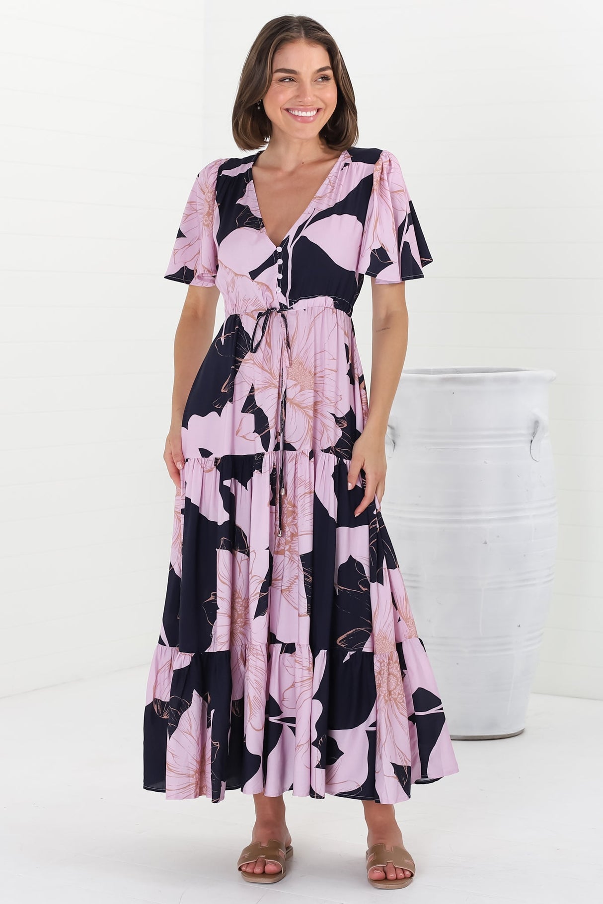 Ziggy Maxi Dress - Cap Sleeve Tiered Dress with Pull Tie Waist in Jaffa Print