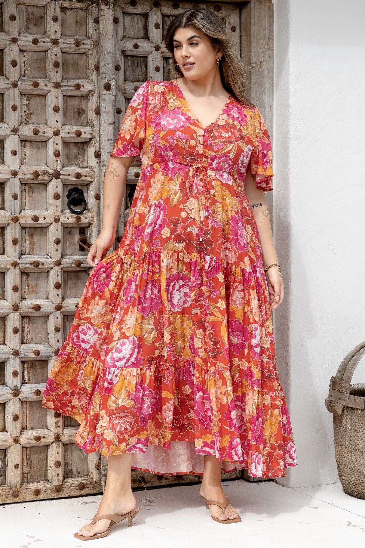 Ziggy Maxi Dress - Cap Sleeve Tiered Dress with Pull Tie Waist in Mirella Print