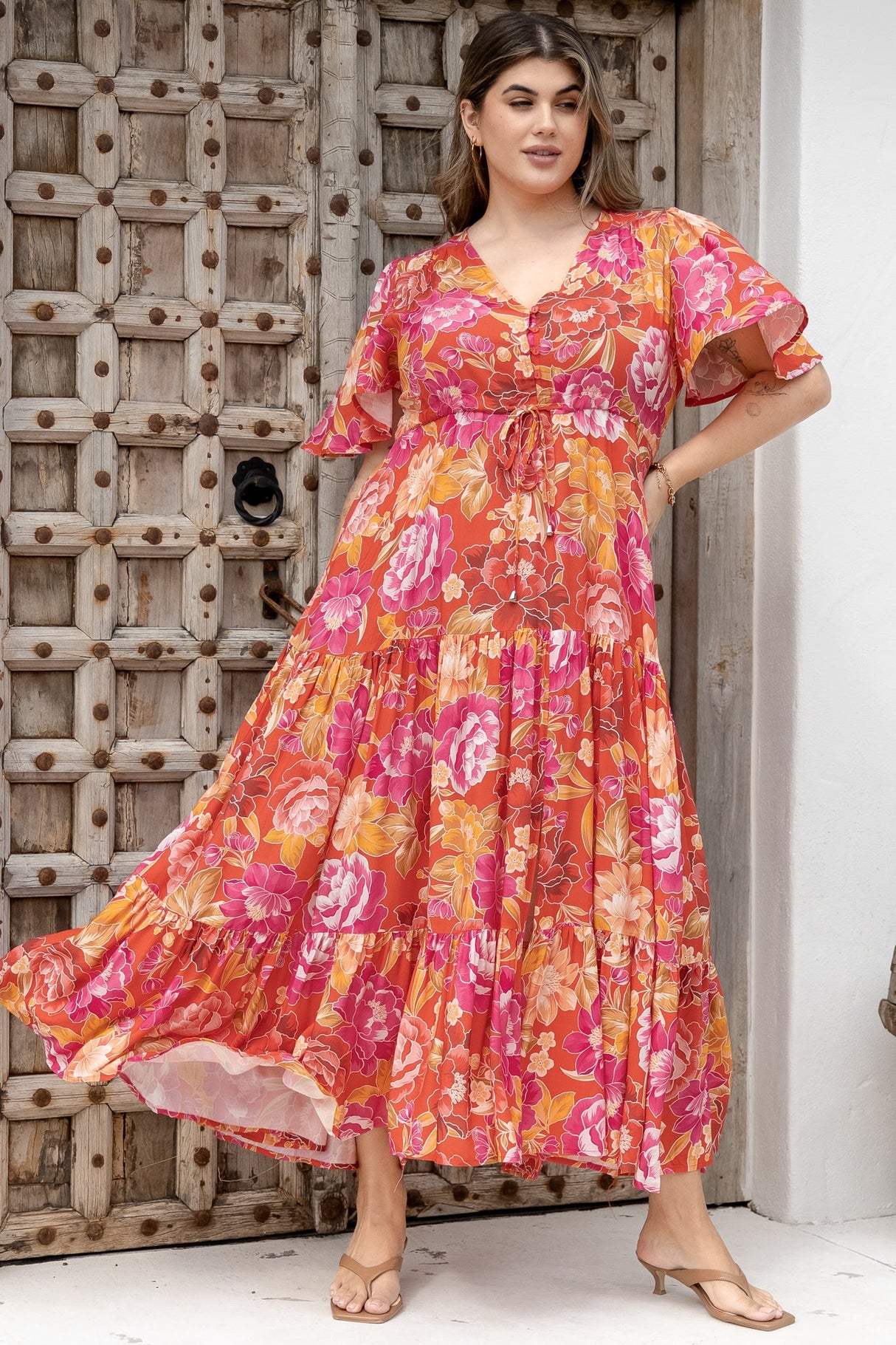 Ziggy Maxi Dress - Cap Sleeve Tiered Dress with Pull Tie Waist in Mirella Print