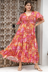 Ziggy Maxi Dress - Cap Sleeve Tiered Dress with Pull Tie Waist in Mirella Print