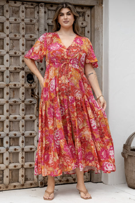 Ziggy Maxi Dress - Cap Sleeve Tiered Dress with Pull Tie Waist in Mirella Print