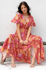 Ziggy Maxi Dress - Cap Sleeve Tiered Dress with Pull Tie Waist in Mirella Print