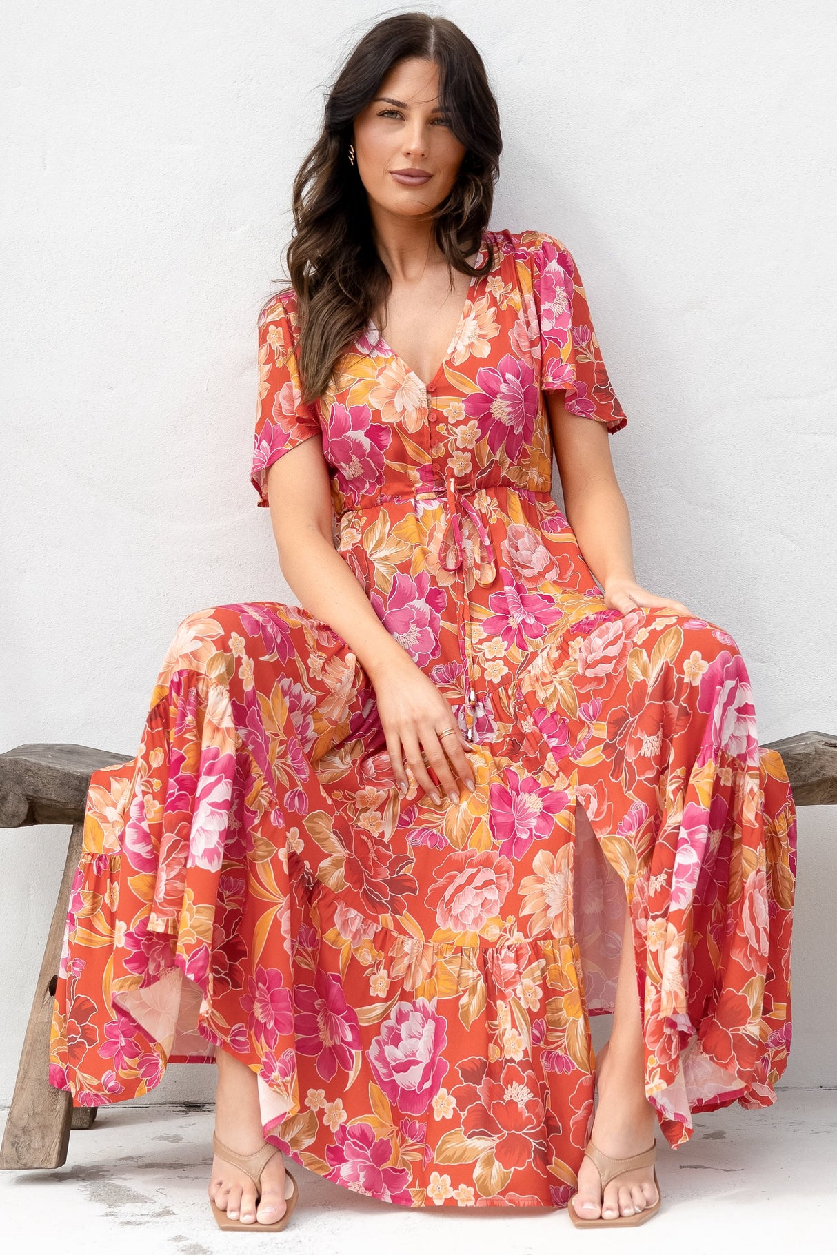 Ziggy Maxi Dress - Cap Sleeve Tiered Dress with Pull Tie Waist in Mirella Print