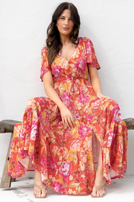 Ziggy Maxi Dress - Cap Sleeve Tiered Dress with Pull Tie Waist in Mirella Print