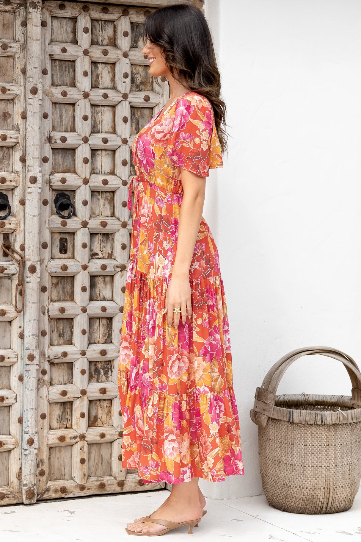 Ziggy Maxi Dress - Cap Sleeve Tiered Dress with Pull Tie Waist in Mirella Print