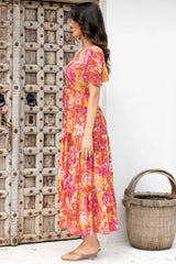 Ziggy Maxi Dress - Cap Sleeve Tiered Dress with Pull Tie Waist in Mirella Print