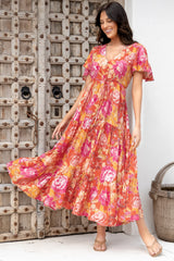 Ziggy Maxi Dress - Cap Sleeve Tiered Dress with Pull Tie Waist in Mirella Print