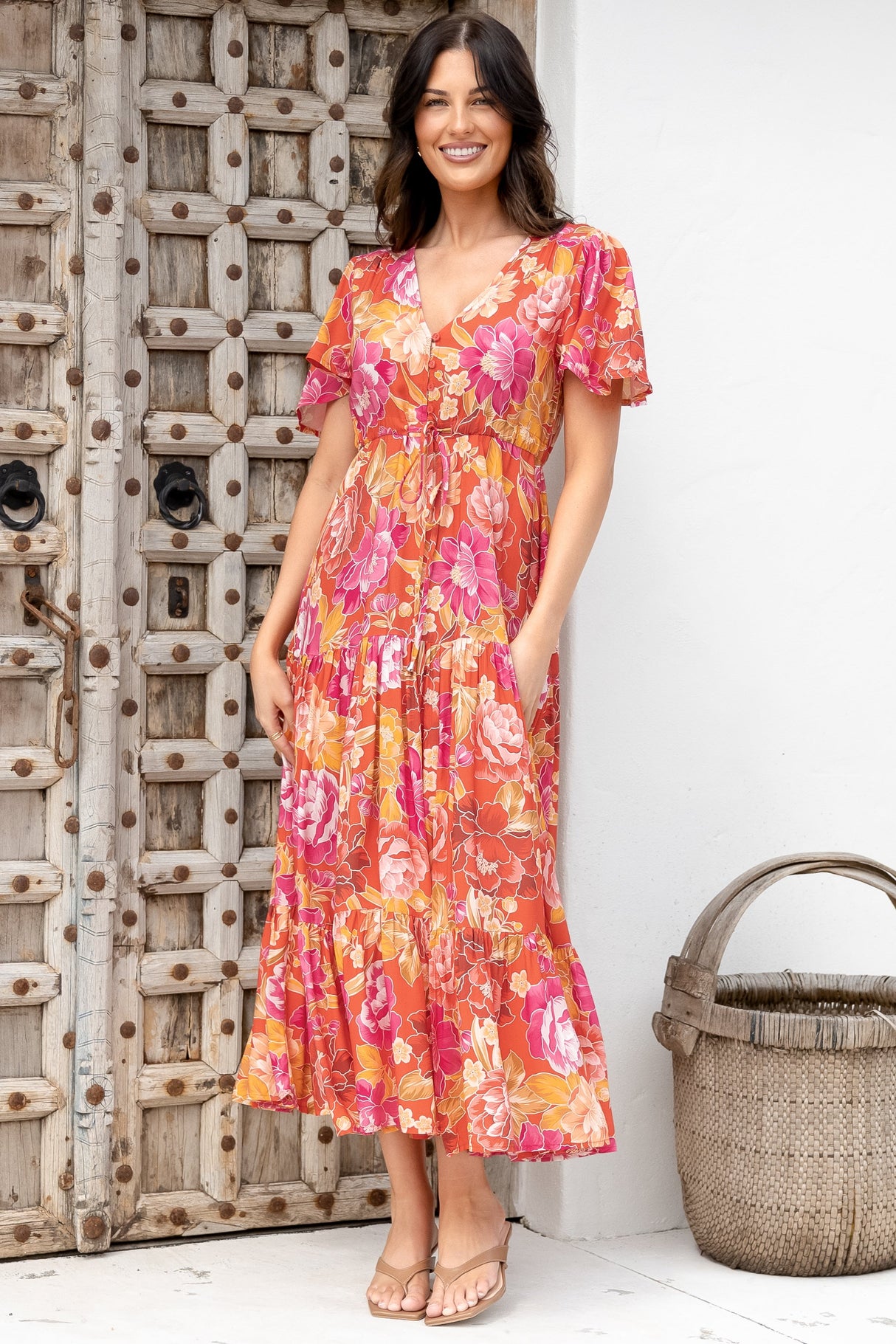 Ziggy Maxi Dress - Cap Sleeve Tiered Dress with Pull Tie Waist in Mirella Print