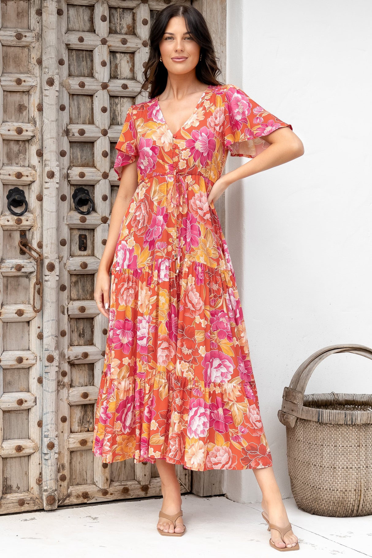 Ziggy Maxi Dress - Cap Sleeve Tiered Dress with Pull Tie Waist in Mirella Print