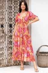 Ziggy Maxi Dress - Cap Sleeve Tiered Dress with Pull Tie Waist in Mirella Print