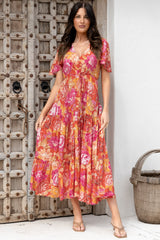 Ziggy Maxi Dress - Cap Sleeve Tiered Dress with Pull Tie Waist in Mirella Print