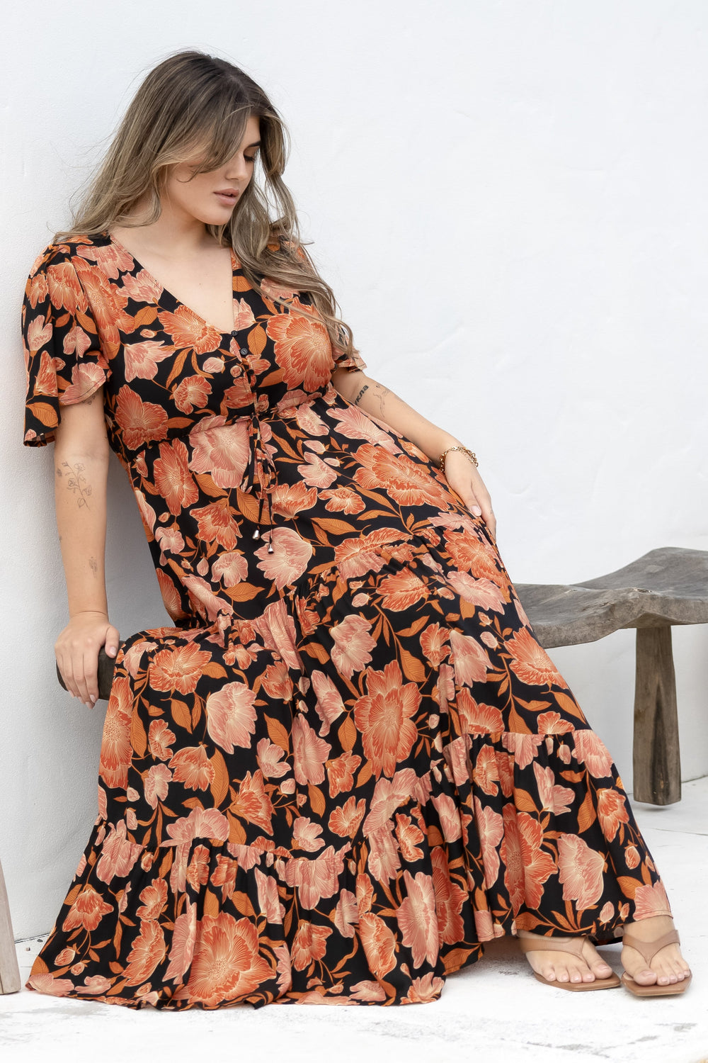 Ziggy Maxi Dress - Cap Sleeve Tiered Dress with Pull Tie Waist in Yasmin Print Black