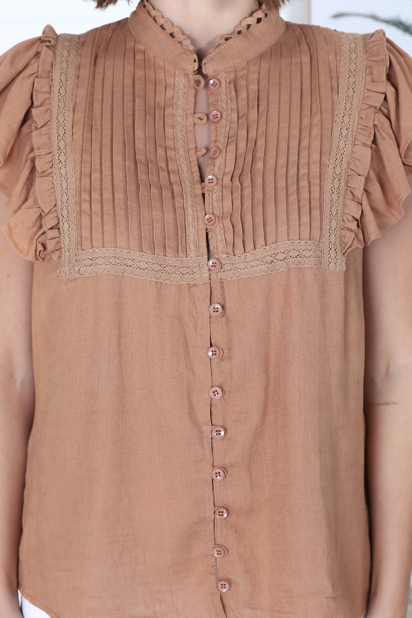 Zilu Top - High Mandarin Collar Lace Detailed Frill Sleeve Button Down in Mocha