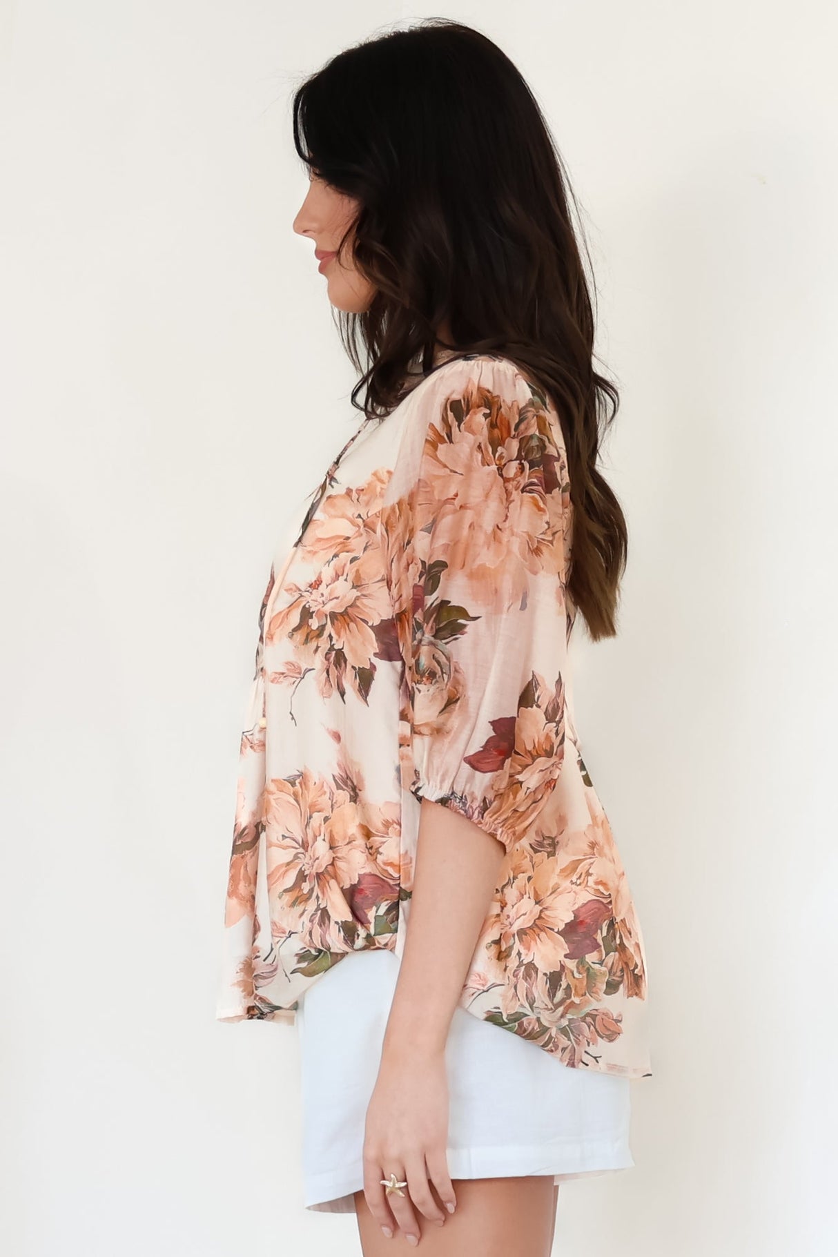Ziva Blouse - Mandarin Collar Button Down with Sheer Balloon Sleeves in Arles Print Peach