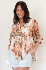 Ziva Blouse - Mandarin Collar Button Down with Sheer Balloon Sleeves in Arles Print Peach