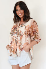 Ziva Blouse - Mandarin Collar Button Down with Sheer Balloon Sleeves in Arles Print Peach