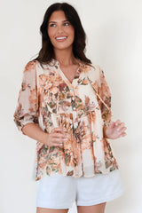 Ziva Blouse - Mandarin Collar Button Down with Sheer Balloon Sleeves in Arles Print Peach