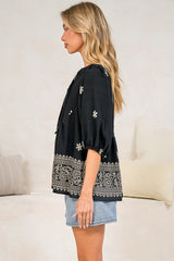 Ziva Blouse - Mandarin Collar Button Down with Balloon Sleeves in Moka Print Black
