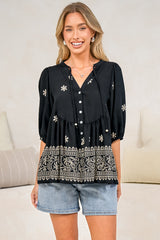 Ziva Blouse - Mandarin Collar Button Down with Balloon Sleeves in Moka Print Black