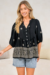 Ziva Blouse - Mandarin Collar Button Down with Balloon Sleeves in Moka Print Black