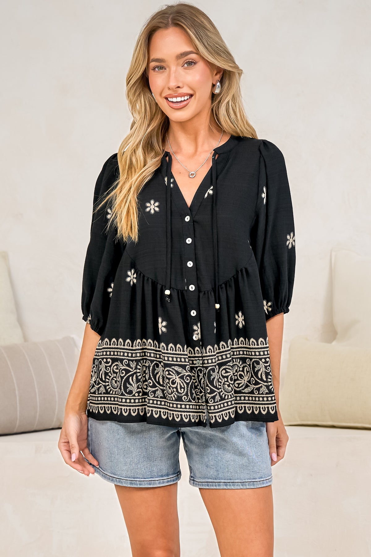 Ziva Blouse - Mandarin Collar Button Down with Balloon Sleeves in Moka Print Black