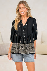Ziva Blouse - Mandarin Collar Button Down with Balloon Sleeves in Moka Print Black