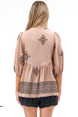 Ziva Blouse - Mandarin Collar Button Down with Balloon Sleeves in Mohana Print Blush