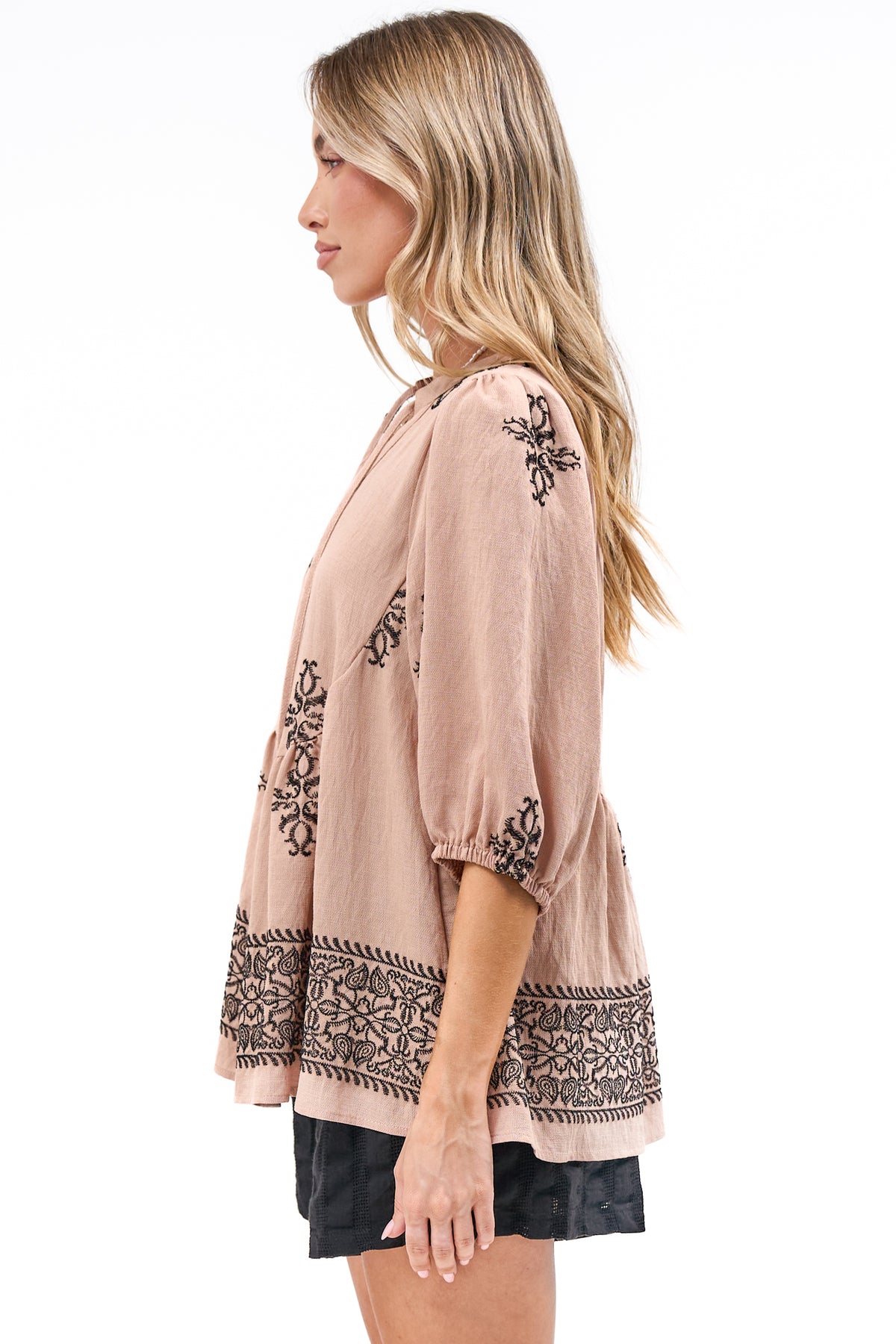 Ziva Blouse - Mandarin Collar Button Down with Balloon Sleeves in Mohana Print Blush