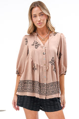 Ziva Blouse - Mandarin Collar Button Down with Balloon Sleeves in Mohana Print Blush