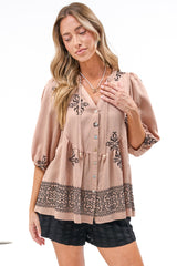 Ziva Blouse - Mandarin Collar Button Down with Balloon Sleeves in Mohana Print Blush