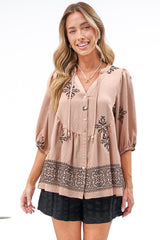 Ziva Blouse - Mandarin Collar Button Down with Balloon Sleeves in Mohana Print Blush