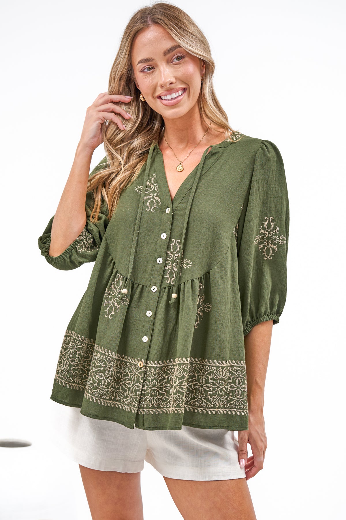 Ziva Blouse - Mandarin Collar Button Down with Balloon Sleeves in Mohana Print Green