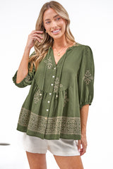 Ziva Blouse - Mandarin Collar Button Down with Balloon Sleeves in Mohana Print Green