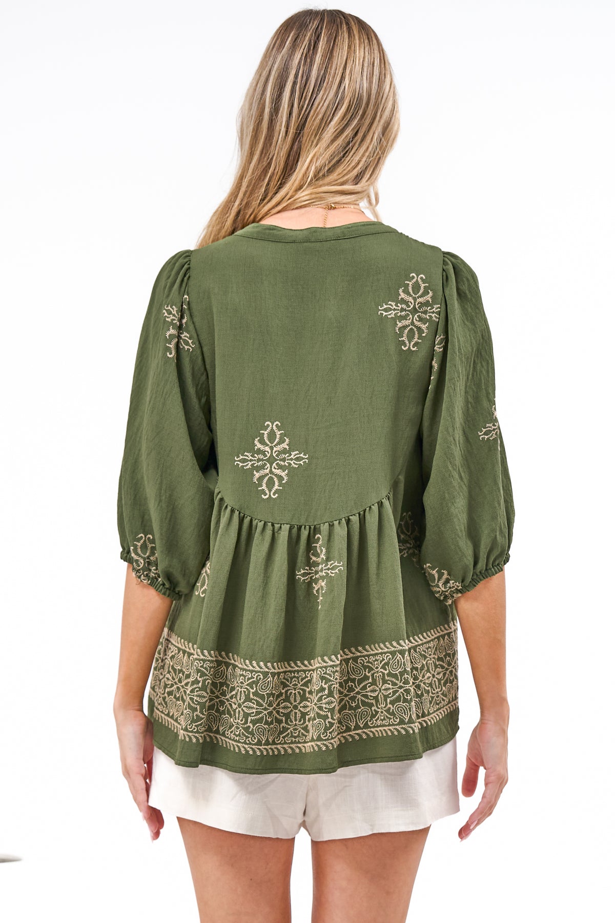 Ziva Blouse - Mandarin Collar Button Down with Balloon Sleeves in Mohana Print Green
