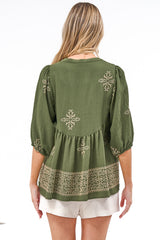 Ziva Blouse - Mandarin Collar Button Down with Balloon Sleeves in Mohana Print Green