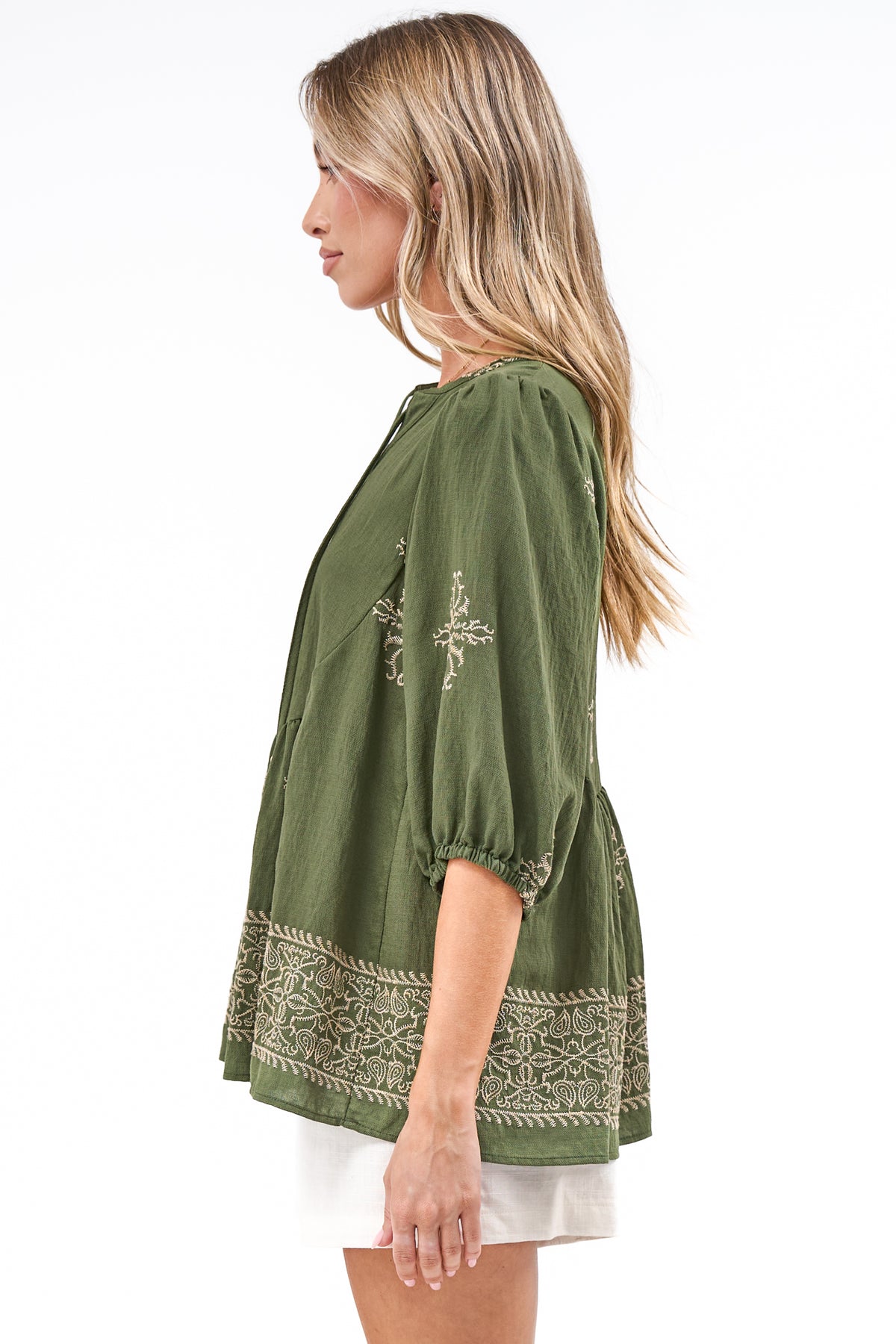 Ziva Blouse - Mandarin Collar Button Down with Balloon Sleeves in Mohana Print Green