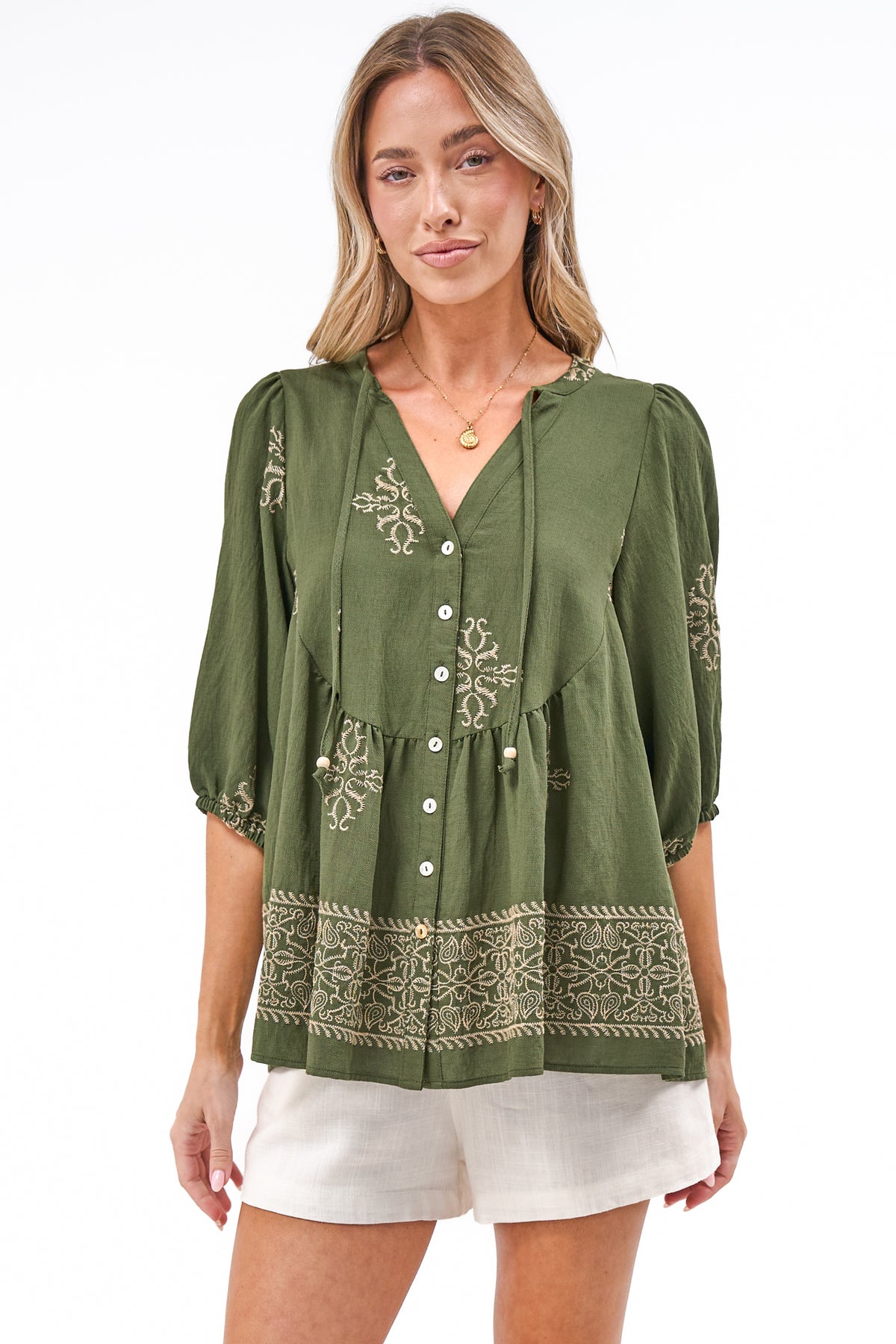 Ziva Blouse - Mandarin Collar Button Down with Balloon Sleeves in Mohana Print Green