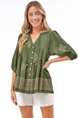 Ziva Blouse - Mandarin Collar Button Down with Balloon Sleeves in Mohana Print Green