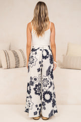 Zoe Pants - High Waisted Wide Leg Pants in Neve Print Navy