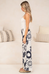 Zoe Pants - High Waisted Wide Leg Pants in Neve Print Navy