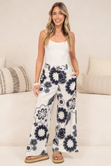 Zoe Pants - High Waisted Wide Leg Pants in Neve Print Navy