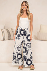 Zoe Pants - High Waisted Wide Leg Pants in Neve Print Navy