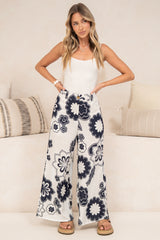Zoe Pants - High Waisted Wide Leg Pants in Neve Print Navy